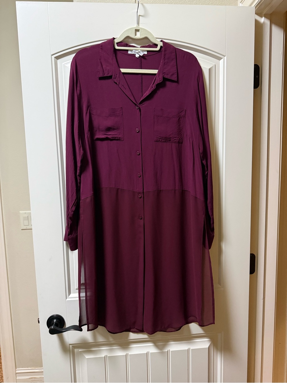 BCBGeneration Long Sleeve Button-Front Shirt Dress in Plum
